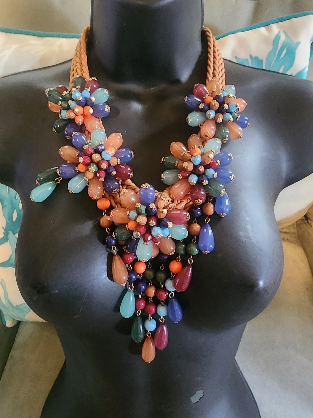 Jerollin Colorful Beaded Flower Bib Statement Necklace Boho Chunky Dangle Drops